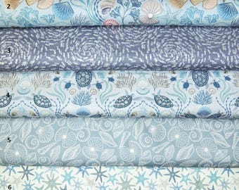 Tessuto nautico, Ocean Pearls, pastello, Lewis & Irene, conchiglia, stella marina, pesce, 1/2 metro, iridescente, 100% cotone