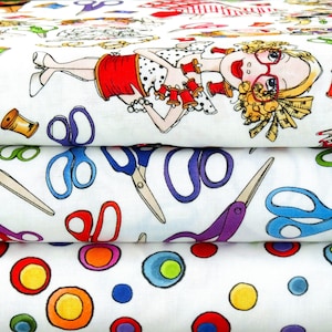 May include: Four pieces of white fabric with a repeating pattern of colourful scissors, spools of thread, and cartoon women. The fabric has a white background with colourful circles on the bottom layer.