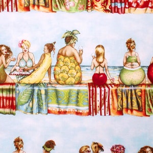 Könnte beinhalten: Eine farbenfrohe Illustration von sieben Frauen, die am Strand sitzen, Badeanzüge tragen und einen Tag im Freien genießen. Die Frauen sind alle in verschiedenen Formen und Größen, und sie lächeln alle und haben Spaß. Die Illustration ist im Cartoon-Stil gehalten, mit leuchtenden Farben und übertriebenen Merkmalen.
