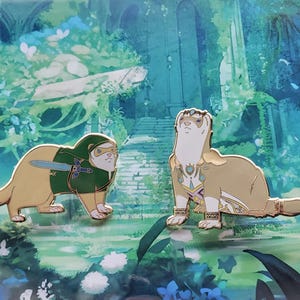 May include: Two enamel pins featuring ferret characters. One ferret is dressed in a green tunic with a sword, the other in a regal outfit with gold and blue accents. Set against a fantasy background.