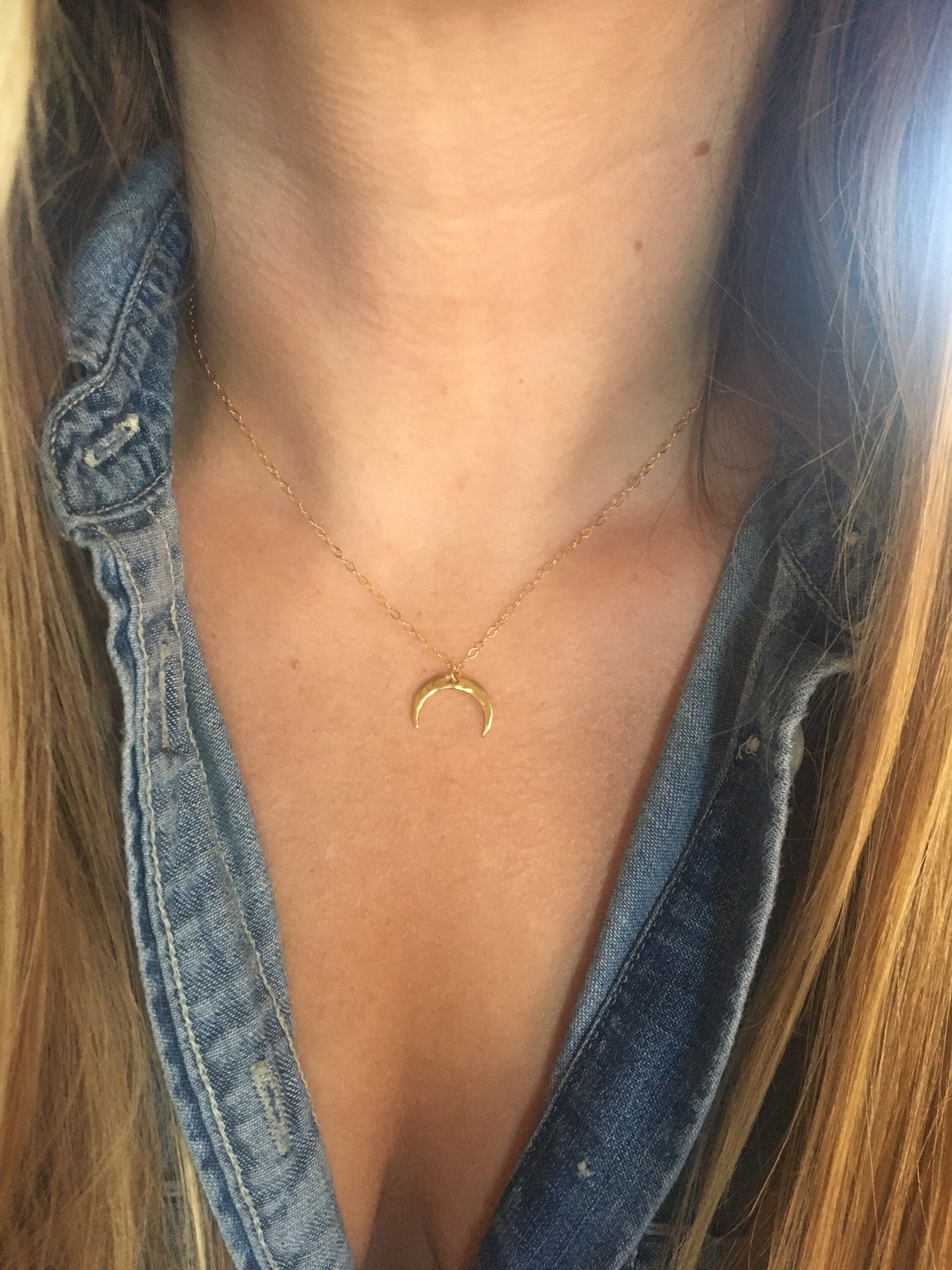 Hammered Crescent Moon Necklace 14k Gold, Upside Down, Dainty, Choker, Simple