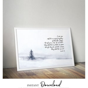 May include: A watercolor painting of a lone tree in a snowy landscape with a white frame. The painting features a quote from the Bible, "Come you, and let us reason together, saith the Lord: though your sins be as scarlet, they shall be as white as snow; though they be red like crimson, they shall be as wool."  - Isaiah 1:18