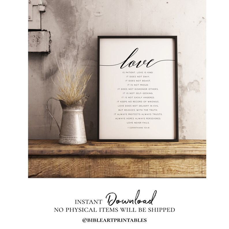 1 Corintios 13 Biblia cita imprimir versículos de la Biblia impresión amor de la boda bíblica es paciente imprimible habitación decoración cita verso Escritura arte de la pared imagen 3