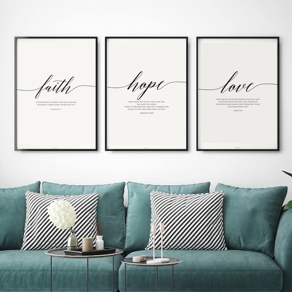 Set of 3 Bible Verse Wall Art Scripture Wall Art Faith Hope Love Wall Art Nursery Wall Art for Christian Hand Lettered Scripture Wall Decal