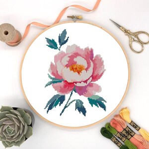 Peony Cross Stitch Pattern,  Cross Stitch modern Peony , Cross Stitch Download PDF, cross stitch pattern flower #4