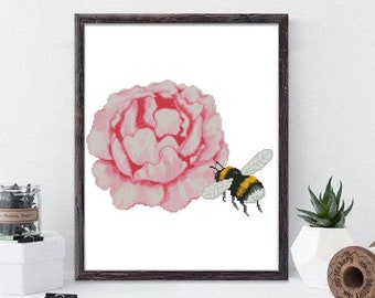 Flower Cross Stitch Pattern, Modern Cross Stitch, Bee Cross Stitch,, Art Patterns flower #463