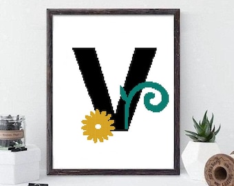 Floral Letter V Cross Stitch Pattern: Monogram (PDF Download)#209
