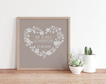 Personalisiertes Kreuzstichmuster für Hochzeiten: Blumenherz (Digitaler Download) #171