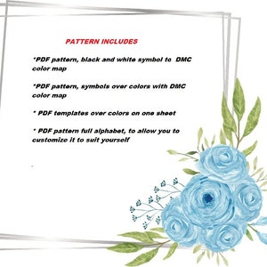 Puede incluir: Fondo blanco con un marco plateado y detalles florales en acuarela. El texto "PATTERN INCLUDES" est&aacute; en la parte superior, seguido de una lista de caracter&iacute;sticas del patr&oacute;n PDF, incluyendo un mapa de s&iacute;mbolos en blanco y negro.