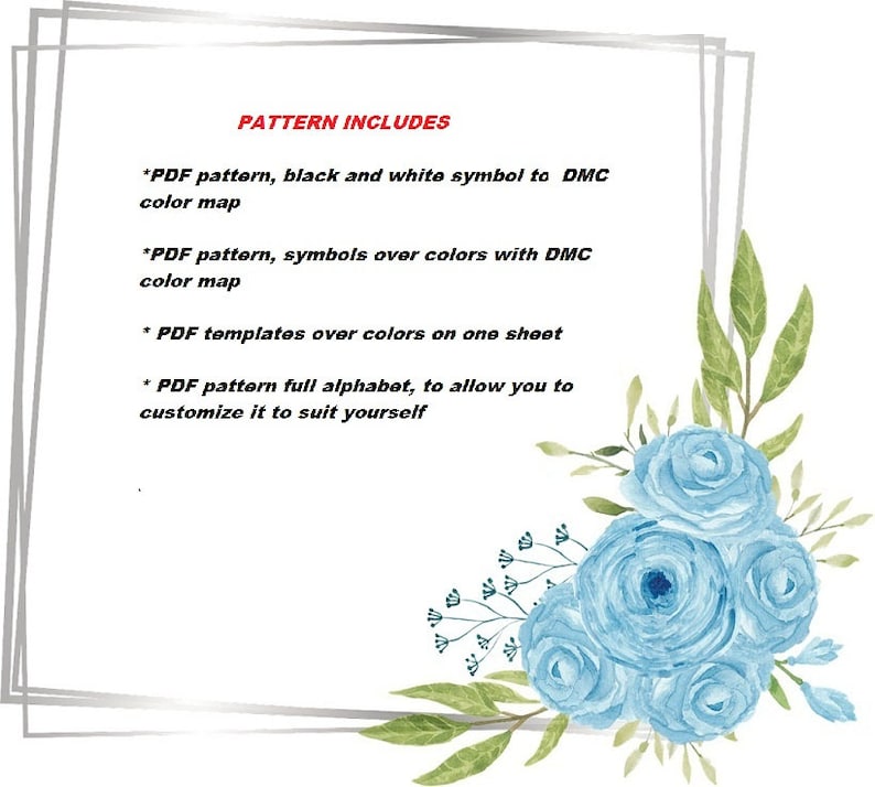 Puede incluir: Fondo blanco con un marco plateado y detalles florales en acuarela. El texto "PATTERN INCLUDES" est&aacute; en la parte superior, seguido de una lista de caracter&iacute;sticas del patr&oacute;n PDF, incluyendo un mapa de s&iacute;mbolos en blanco y negro.