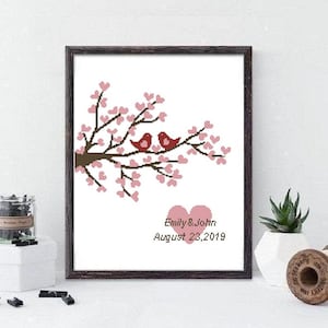 Korsstygnsmönster för bröllop: Fåglar och körsbärsblommor (PDF-nedladdning) #331