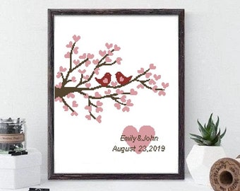 Patrón de punto de cruz para boda: Pájaros y flores de cerezo (Descarga PDF) #331