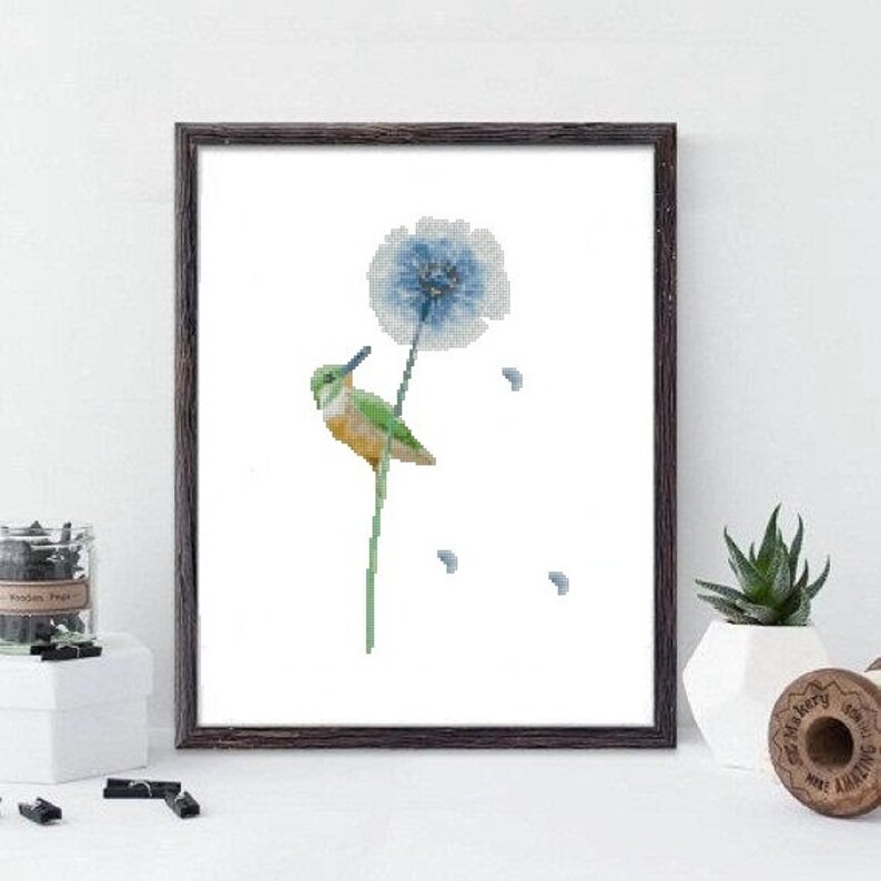 Bird Cross stitch pattern , watercolor bird, cross stitch pattern blowball, modern cross stitch pattern flowers 208 image 1