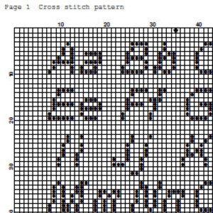 Puede incluir: Una cuadr&iacute;cula de patr&oacute;n de punto de cruz con el texto "ABSOLUTELY". El patr&oacute;n est&aacute; en puntos negros sobre un fondo blanco, con las palabras dispuestas en formato cuadrado. El texto "Page 1 Cross stitch pattern" est&aacute; en la parte superior.