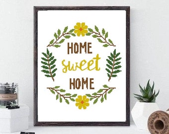 Home Sweet Home Cross Stitch Pattern: Floral Wreath (PDF Download)