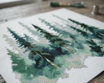 Modern Watercolor Forest Cross Stitch Pattern, Minimalist Landscape Embroidery Chart (PDF)#163