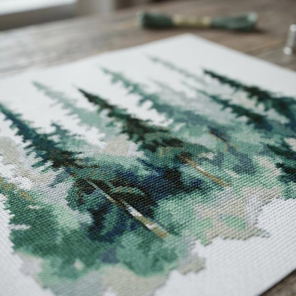 Modern Watercolor Forest Cross Stitch Pattern, Minimalist Landscape Embroidery Chart (PDF)#163