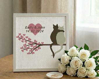 Patrón de punto de cruz "Gato de boda" / Alfabeto personalizado (Descarga en PDF, compatible con Pattern Keeper) n.° 174