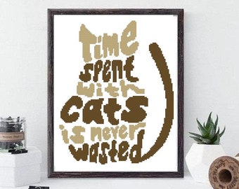 Patrón de punto de cruz de gato: Cita "Tiempo con gatos" (Patrón PDF) #476