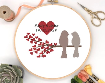 Personalized Wedding Cross Stitch Pattern: Birds & Hearts (Digital Download)