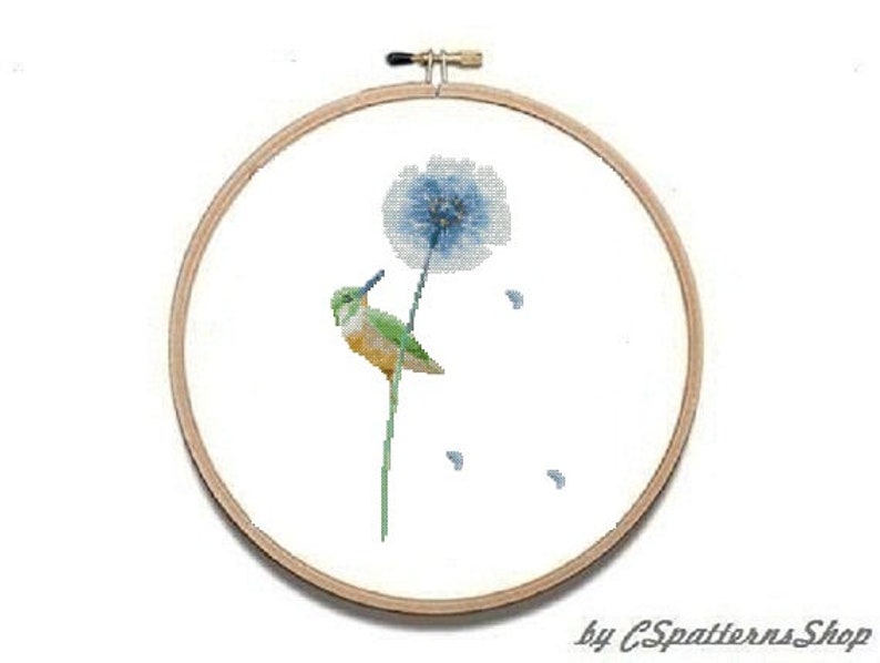 Bird Cross stitch pattern , watercolor bird, cross stitch pattern blowball, modern cross stitch pattern flowers 208 image 2