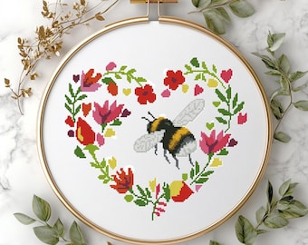 Flower & Bumblebee Cross Stitch Pattern: Floral Art (PDF Download) #547