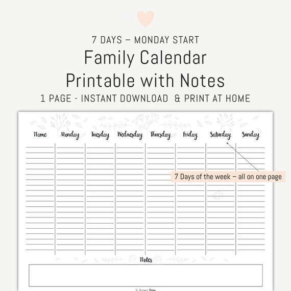 family calendar printable with a notes section 7 day weekly planner wall calendar desk pad aw18 weekly calendar with notes