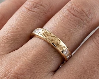 Bague jusqu'à la mort, alliance en moissanite taille princesse, bague de couple personnalisée, bague de promesse gothique, cadeau d'anniversaire