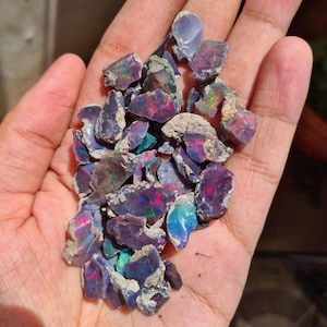 Peut inclure: Une main tenant un tas de pierres précieuses d'opale brutes et irisées. Les opales sont de différentes nuances de violet, bleu et vert avec des reflets arc-en-ciel.