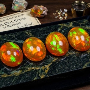 Puede incluir: Cuatro ópalos de fuego de forma ovalada con colores base naranja vibrante y destellos verdes y amarillos intensos. Las piedras preciosas se muestran sobre una losa de mármol verde oscuro junto a una tarjeta etiquetada Mineralogical Specimen.