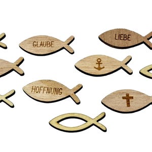 10x Fisch Holz Deko Tischdeko Streudeko Kommunion Taufe Glaube Liebe Hoffnung