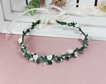 Perlen Haarschmuck Haarband  Haardraht  Kommunion Hochzeit schlicht einfach Creme