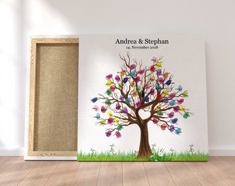 Libro de invitados lienzo de la huella dactilar árbol personalizado árbol pareja nupcial regalo nombre de la decoración de la boda 50 x 50 cm marco de cuña