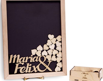 MAICOLA Libro degli ospiti con cornice in legno e 100 cuori in legno