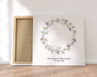 Gästebuch Hochzeit Fingerabdruck Leinwand Personalisiert Blumenkranz Brautpaar Geschenk Hochzeitsdekoration Namen 50x50 cm Keilrahmen