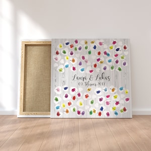 Gästebuch Hochzeit Fingerabdruck Leinwand Personalisiert Holz & Herz Brautpaar Geschenk Hochzeitsdekoration Namen 50x50 cm Keilrahmen