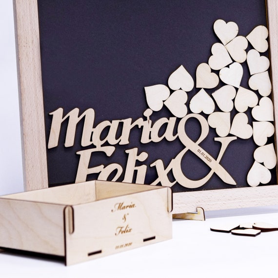 IGTOPS Libro degli ospiti in legno per matrimonio, con cornice fotografica, 100 cuori in legno da scrivere e 2 pennarelli, per matrimoni, compleanni e baby shower