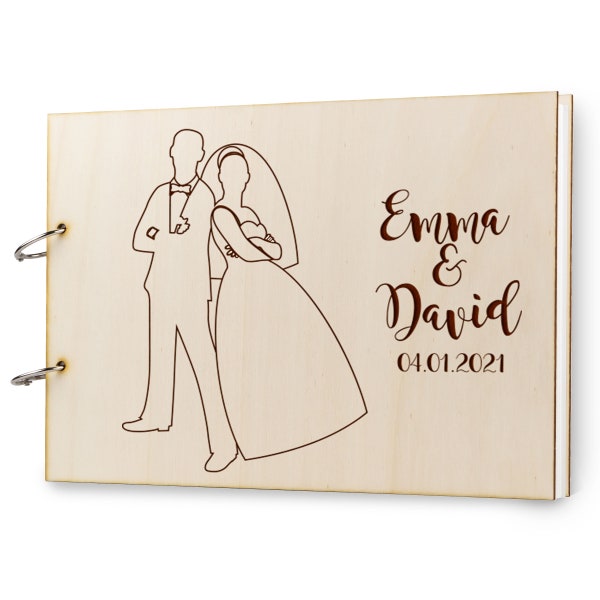 Bois de mariage de livre d’invité personnalisé avec le nom laser gravure DIN A4 croix 300 x 215 mm, 50 feuilles 300 gr papier gravure livre d’or de mariage