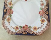 Vintage tea plates English bone china Imari colours cobalt blue gold and red with floral motif on white. 1939s. Gift