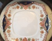 Vintage English bone china sandwich or cake plate. 1930s Imari colours cobalt blue gold and red with floral motif on white. Gift.