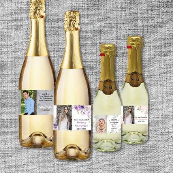 12 Personalisierte Sekt Wein Piccolo Etiketten Aufkleber mit Bild Foto Gastgeschenk Dankeschön Hochzeit Kommunion Konfirmation Taufe Geburt