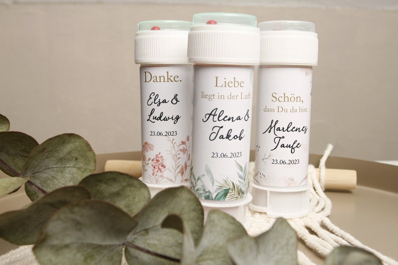 10 Personalisierte Seifenblasen Aufkleber 60 ml Eukalyptus Gastgeschenk Dankeschön Taufe Hochzeit Konfirmation Einschulung JGA Boho Bild 2