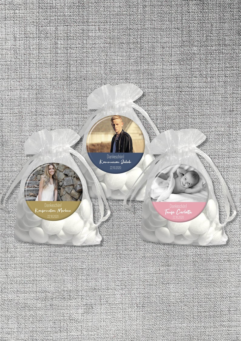 10 Personalized Buttons Badge 59mm 10 Organza Pouchs Thank You Photo Photo Baptism Birth Wedding Confirmation Communion Host Gift