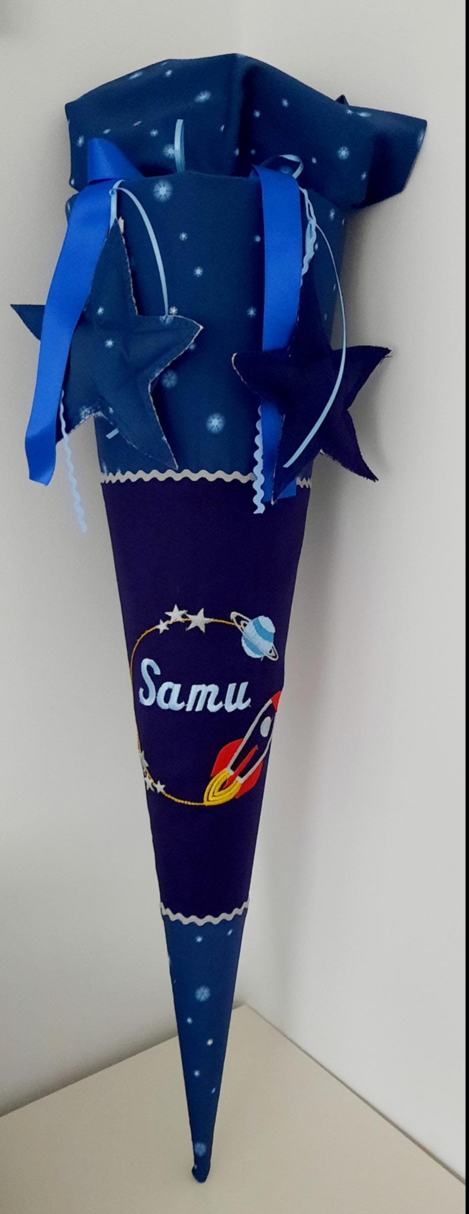 School cone made of fabric space, school cone with name, school cone to match the satchel, school enrollment, sugar cone for boys, star planet, space shuttle