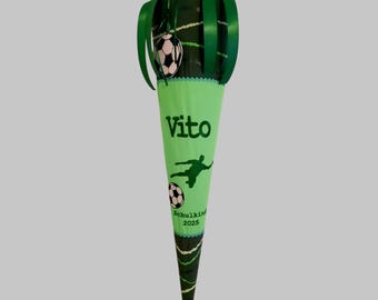 School cone matching the schoolbag, Space Soccer Star football design, made of fabric with name, first day of school boy, candy cone