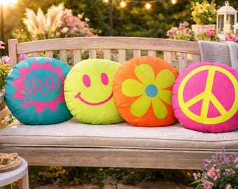 Outdoor round garden cushion, personalized garden decoration, balcony, neon cushion cover, peace sign, smiley face, flower, sun, neon colors, 40 cm