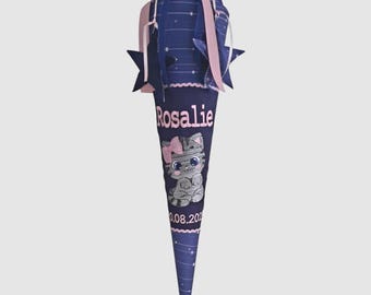 School cone matching the Elle School Mood cat satchel, made of fabric with name, for girls' first day of school