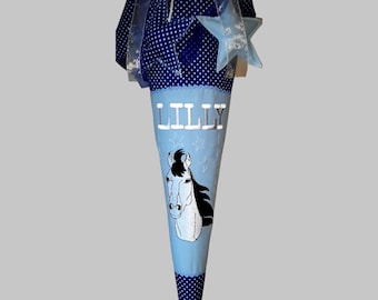 School cone with horse head made of fabric with name, matching the schoolbag, for girls' first day of school.