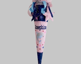 School cone matching the satchel, dolphin mermaid Delia, fabric dolphin with name, first day of school girl's candy cone