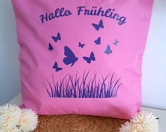 Outdoor cushion cover, garden, Hello Spring, personalized, HOME, garden decoration, balcony, water-repellent, cushion with name, pink, Easter, 50 x 50 cm